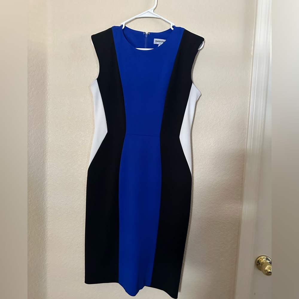 Royal blue, back and white dress